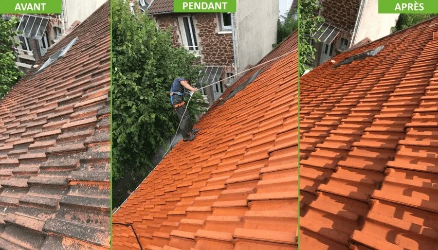 Montage avant, pendant et après le démoussage d'une toiture