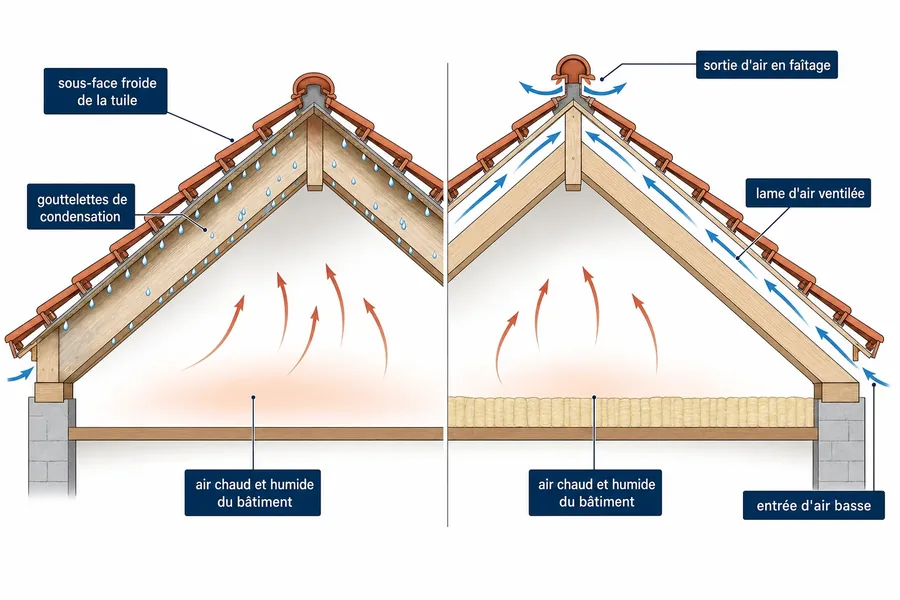 Comparaison en coupe d'un comble agricole mal ventilé et d'un comble correctement aéré sous la couverture