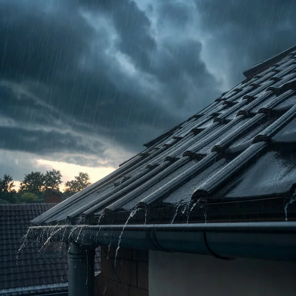 Toiture sous une pluie battante au crépuscule, gouttière débordante