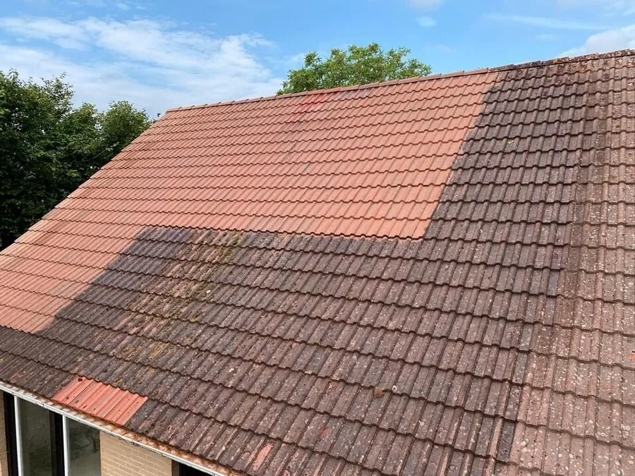 Toiture dont une partie est nettoyée et l'autre encore couverte de mousse